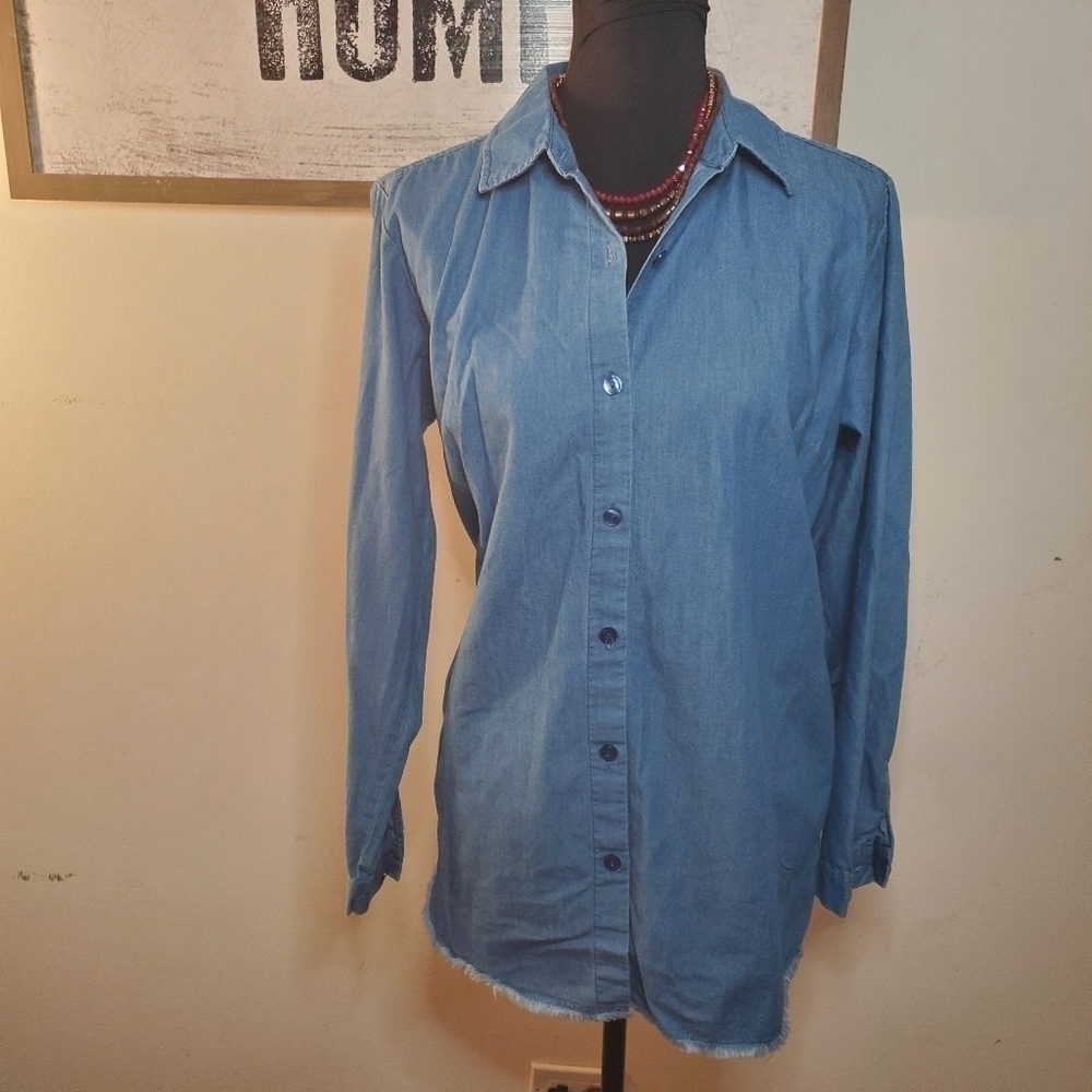 Joan Rivers Lightweight Denim  Shirt with Fringe Hem